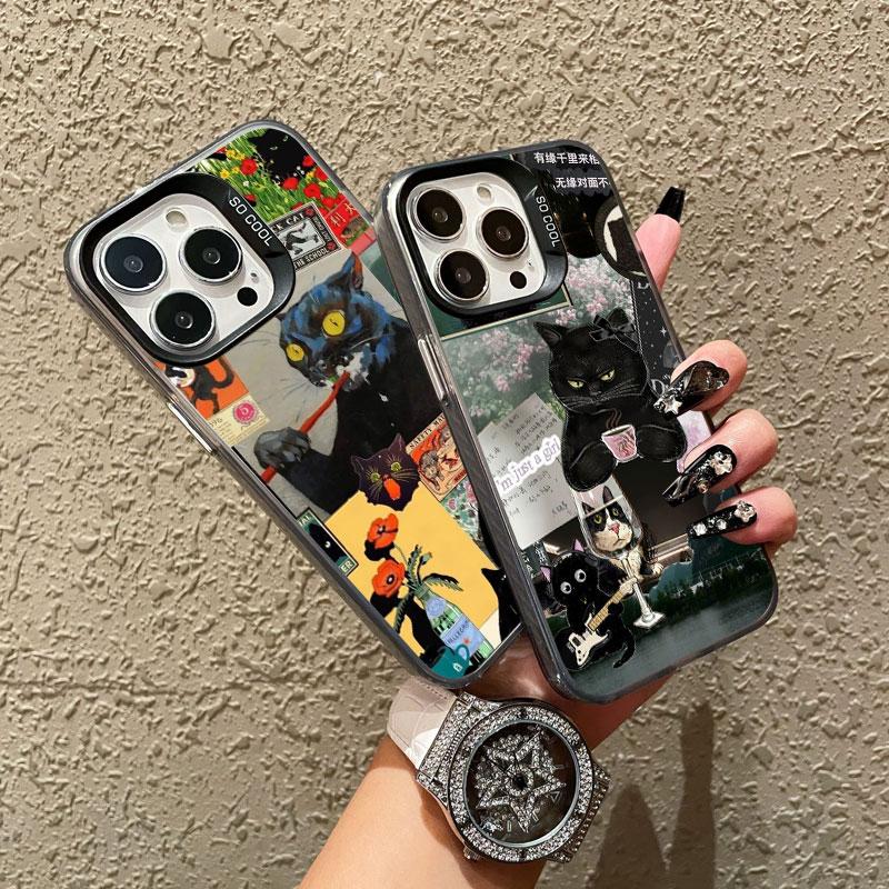New Cute Black Cat Graphic Montage Laser Phone Case For iPhone 17 15 16 Pro Max Plus 14 13 12 Mini 11 Pro Max Shockproof Cover