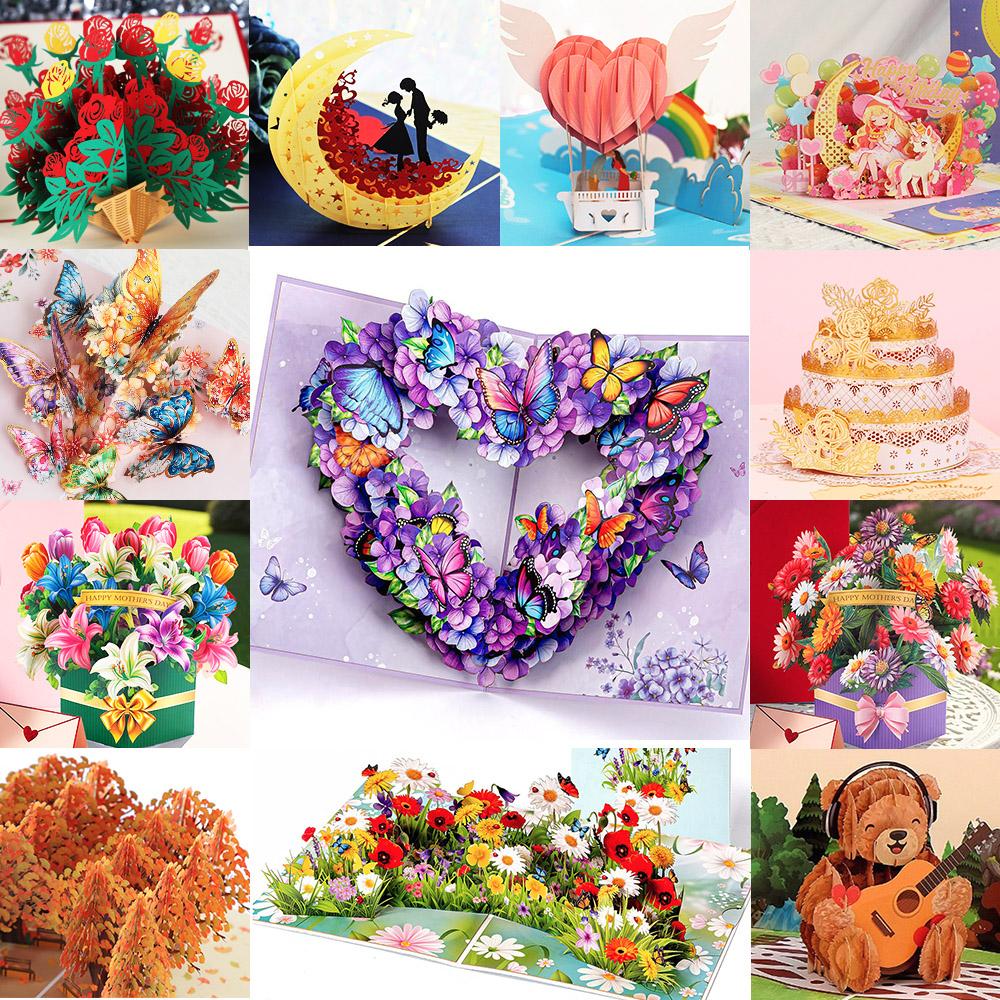 3D Pop Up Greeting Card Romantic Love Flowers Butterfly Bouquet Handmade Surprise Card Anniversary Birthday Valentine's Day Gift