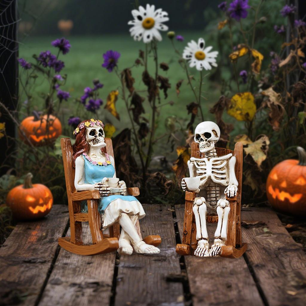 Men and Women Resin Ornament Halloween Rocking Chair Skeleton Decoration Outdoor Courtyard Household Decoration