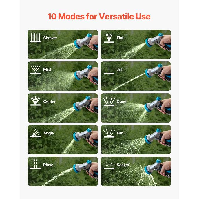 VEVOR Hose Nozzle, 10 Adjustable Spray Patterns, Metal Water Nozzle with Comfortable Ergonomic Grip, Garden Nozzle Sprayer with Flow Control for