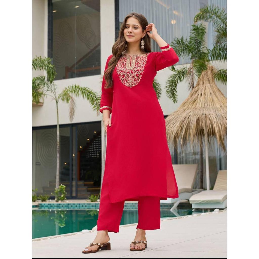 Women's Rayon Slub Embroidered Straight Kurta with Pant And Dupatta Sets