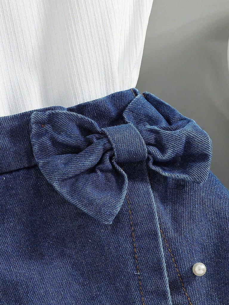 2025 Rüschen-Patchwork-Oberteil und Jeans-Set mit Perlen für Mädchen