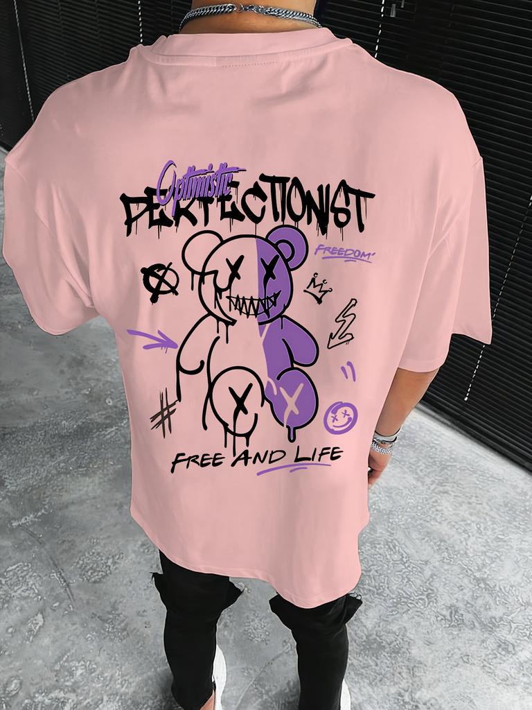 Mens Street 100 Cotton Shortsleeved Tshirt Purple White Bear Loose Casual Outing Clothing Graffitiinspired Comfortable Wear