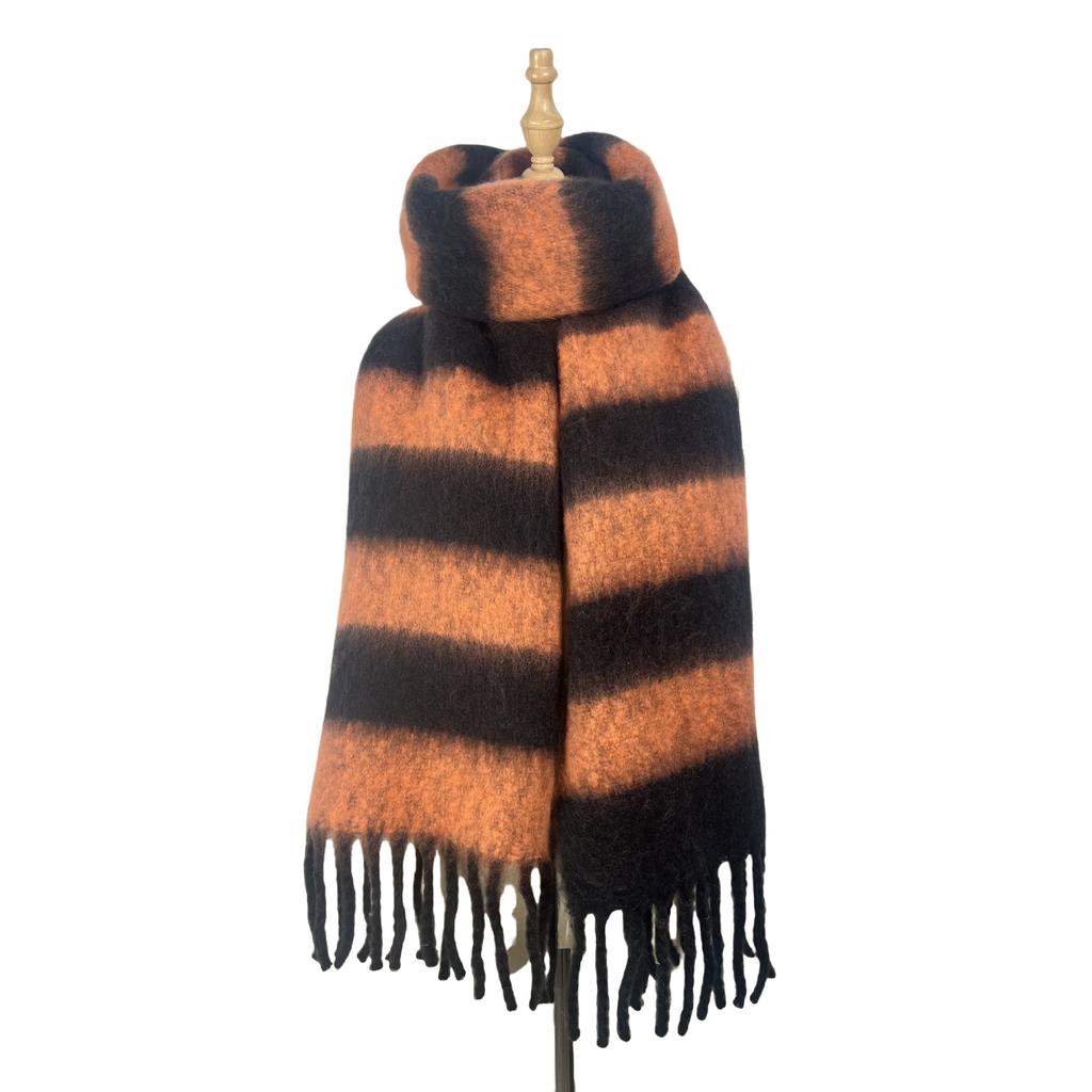 High Quality Wool Blend Striped Scarf Women Fall Winter New Thick Warm Muffler Female Simple Versatile Fashion Fringed Shawl