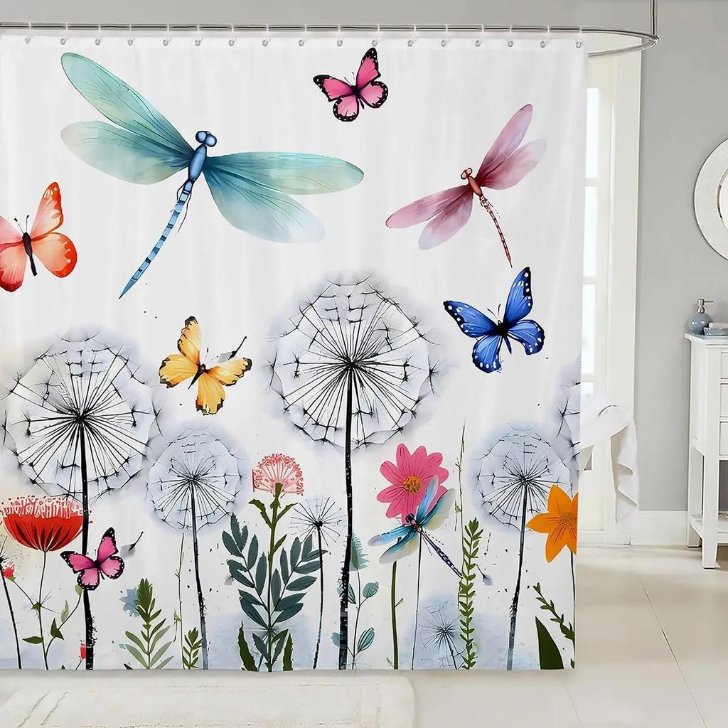 Dragonfly Watercolour Shower Curtain Dandelion Lavender Flower Polyester Fabric Home Art Bath Curtains Bathroom Decor with Hooks