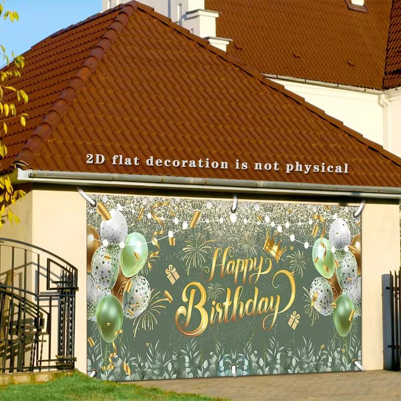 2D Green Gold Happy Birthday Backdrop, Balloon & Firework Banner, Birthday Party Background