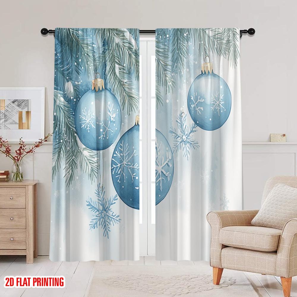 2pcs,2D Plane Printing Window Curtain Blue Christmas Ornaments Snowflakes_a (3) Versatile 100% Polyester (without Rod) Holiday