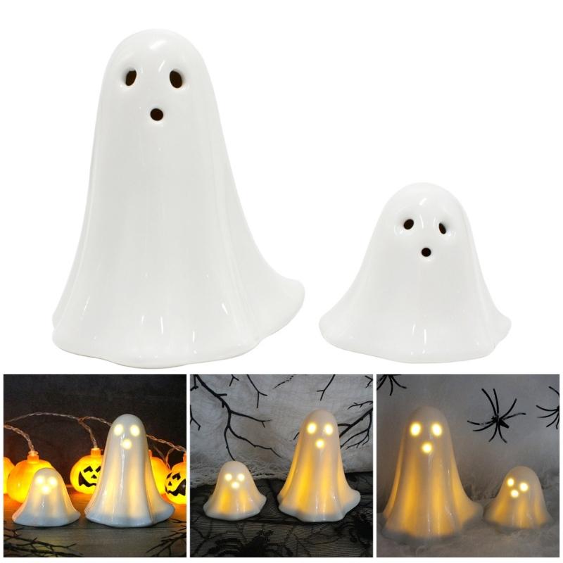 2Pcs LED Lighted Ceramics Specters Ghostly Figurine Sculpture Creative Table Centerpieces Glowing Lamp Halloween Decors