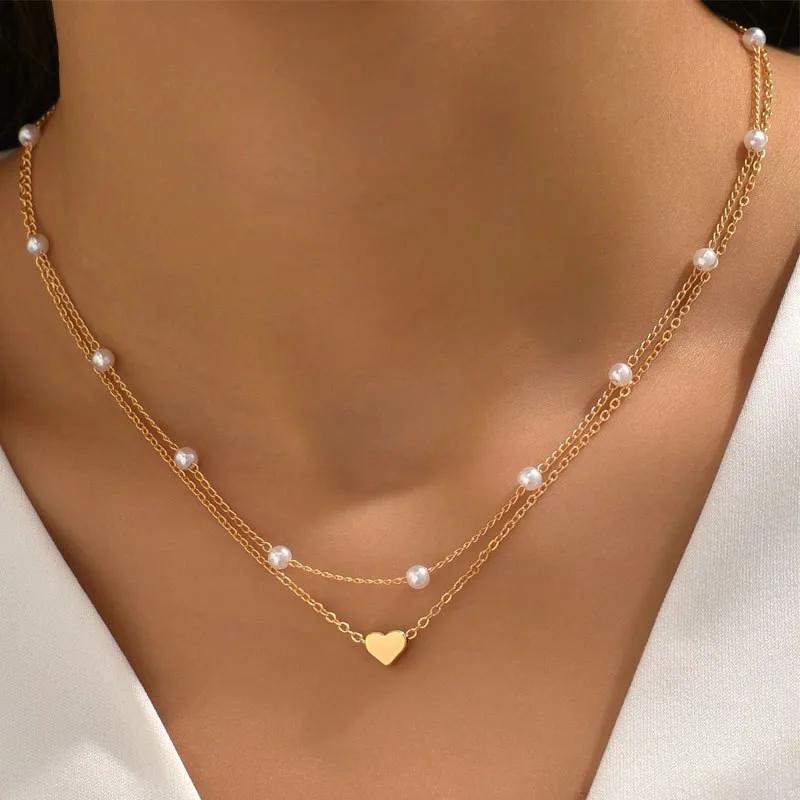 LATS Multilayer Pearl Cross Love Heart Pendant Necklaces for Women Gold Color Fashion Collarbone Neck Chain Trend Jewelry