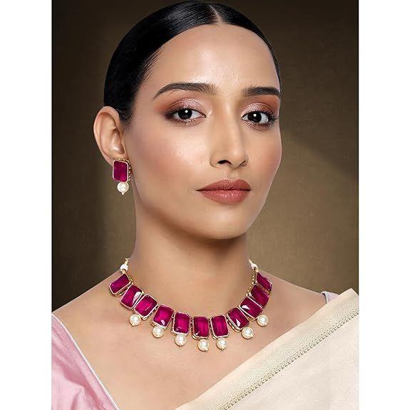 Traditional Jewellery Crystal Pearl Necklace Earring Jewellery Set for Women