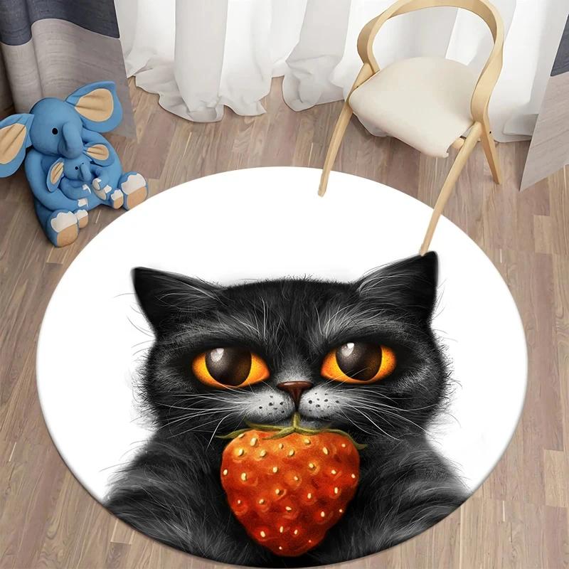 Black Cat Round Carpet Kawaii Cartoon Animal Print Rug for Living Room Bedroom Chair Decor Comfort Yoga Mat Non Slip Floor Mats