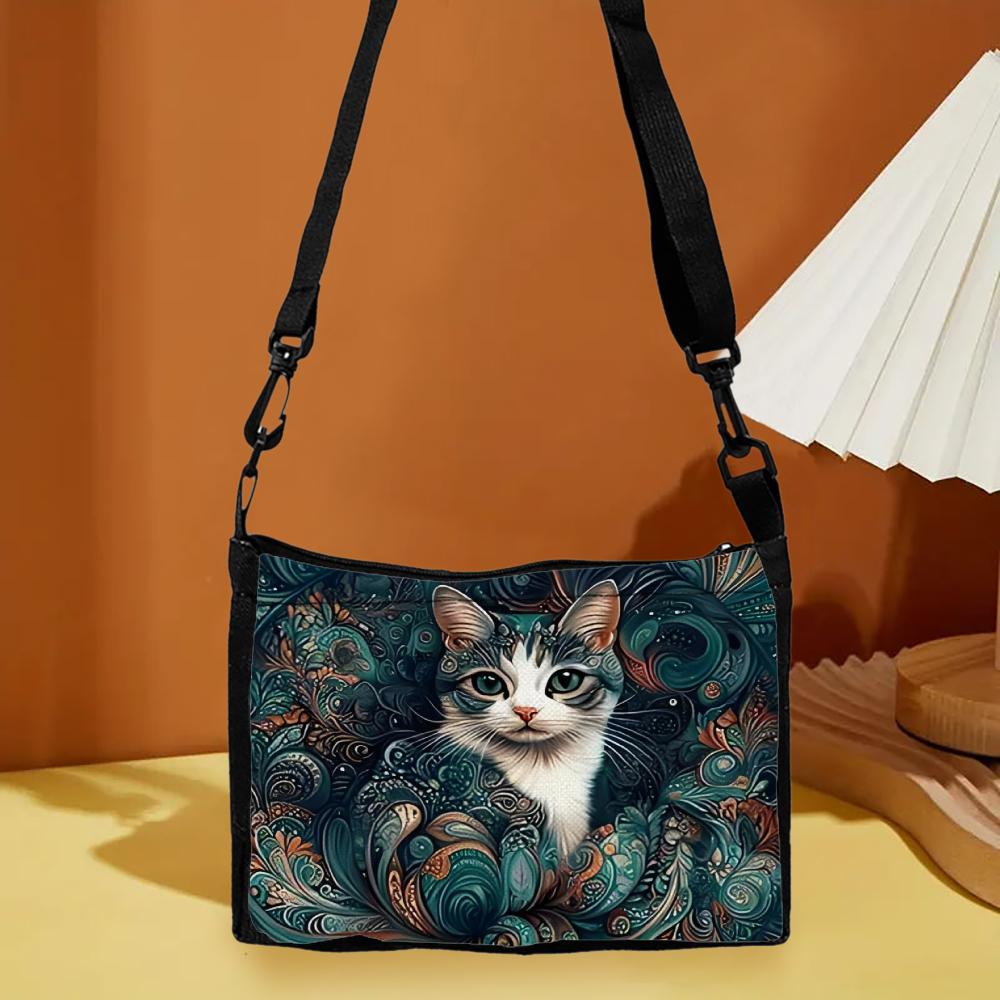 Chic Black Cat & Floral Pattern Shoulder Bag Women's Stylish Lightweight Crossbody Bags Adjustable Strap Camping Storage Bag