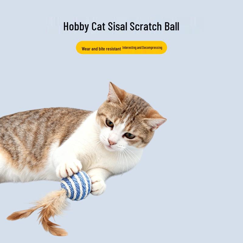 Cat Feather Rope Ball: Scratch & Bite-Resistant, Self-Entertaining Sisal Toy for Teeth Grinding and Teasing.