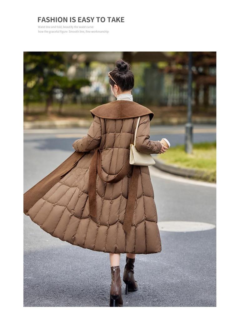 Extra Long Over-the-Knee Down and Wool Coat with Belt and Large Lapel for Autumn & Winter YJ1393