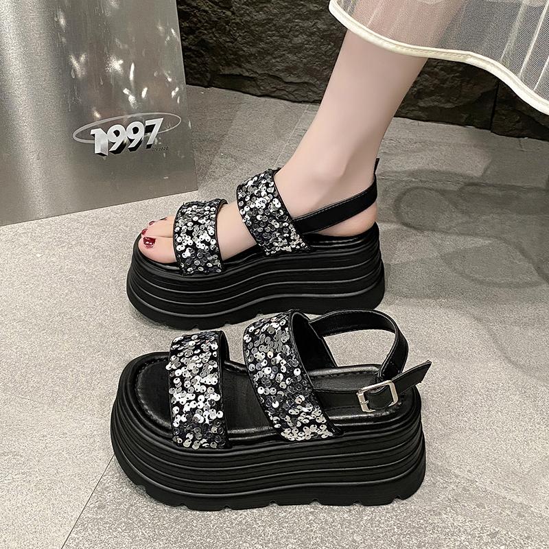 Fashion Aphixta Silver Platform Sandals Women Wedge 8.5cm High Heels Shoes Bling Sequine Summer Zapatos Mujer Wedges Woman Sandal