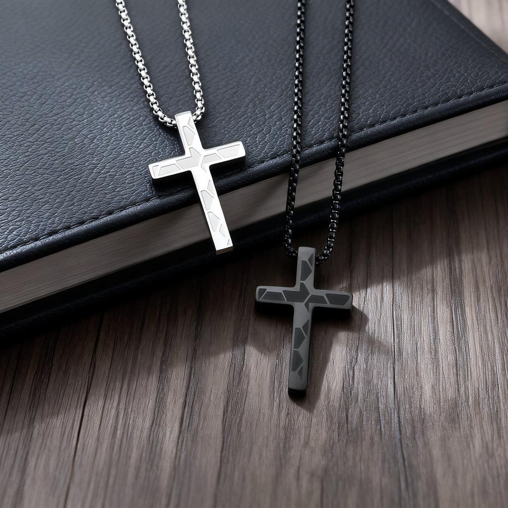 Xiaomi Vnox Cross Pendant Necklace for Men Women, Stainless Steel Black Silver Color Box Chain, Trendy Christian Religious Jewelry Gift