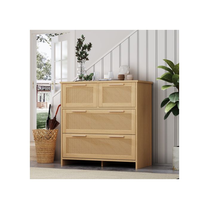 Armoire En Rotin De Haute Qualité À 4 Tiroirs Avec Poignées En Bois Massif Dimensions L80/H80/T38 Cm