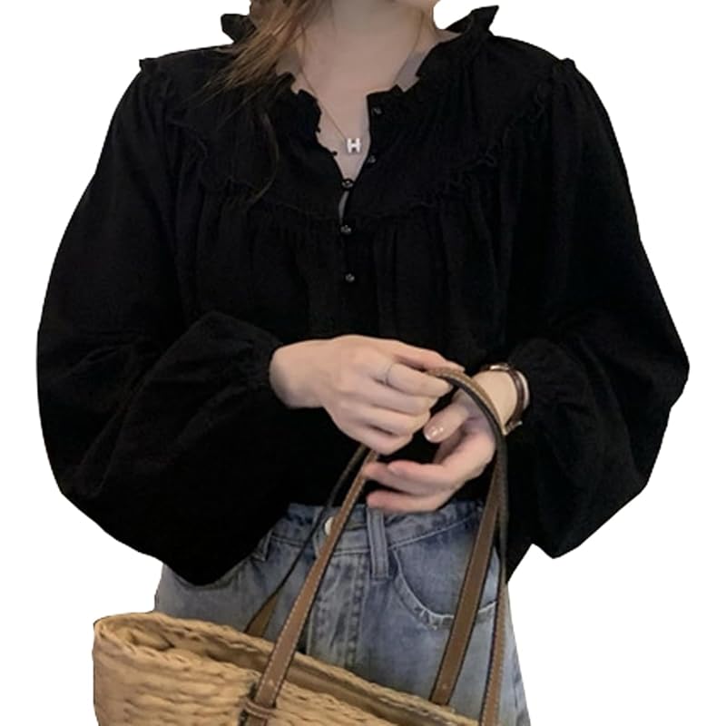 

[Wearbee] volume sleeve ruffle blouse Walnut button gather cute fashionable Fluffy upper arm cover ladies stand collar band color long sleeve long