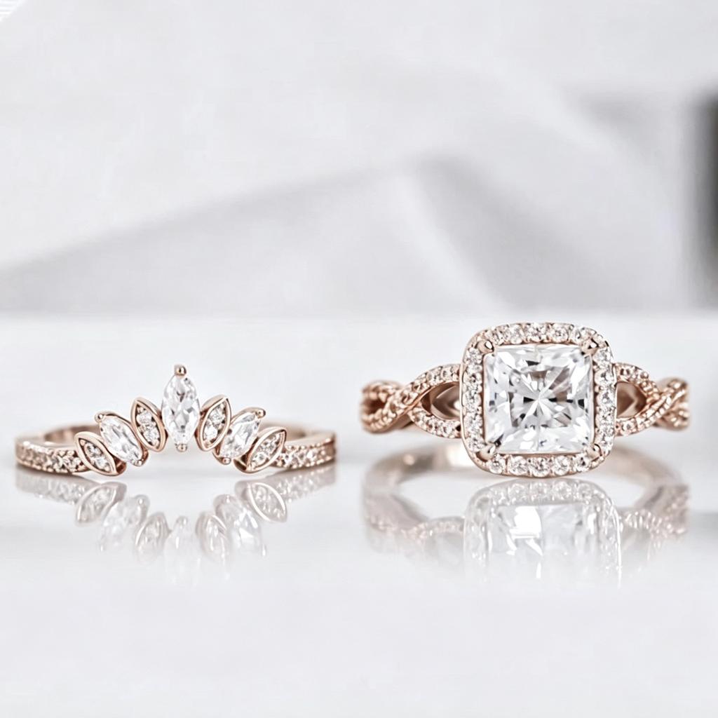 2Pcs/set Full Paved Shining Zircon Elegant Rings for Women Light Luxury Wedding Engagement Promise Ring Sets Jewelry