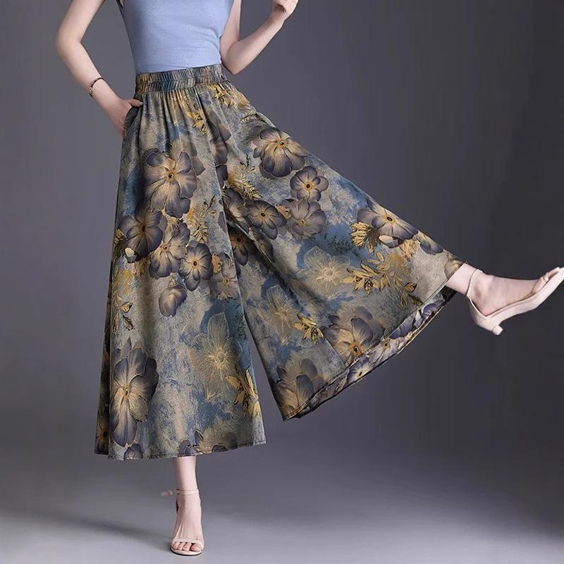 Women's High Waist Floral Printed Wide Leg Culottes Summer Thin Nine Length Large Swing Casual Skirt Pants With Side Pockets For Plus Size