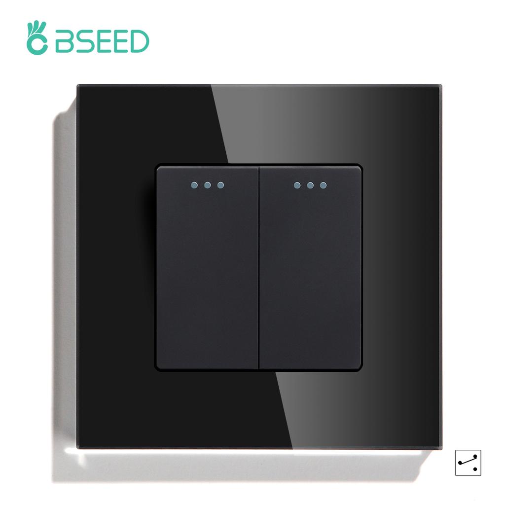 BSEED 1/2/3Gang Mechanical Light Switches 2way For Stairs Corridors with EU Power Sockets USB Type-c Ports Glass Panel Black