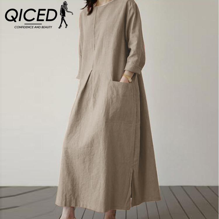 QICED Women Casual Cotton Long Dress O-Neck 3/4 Sleeves Casual Dresses