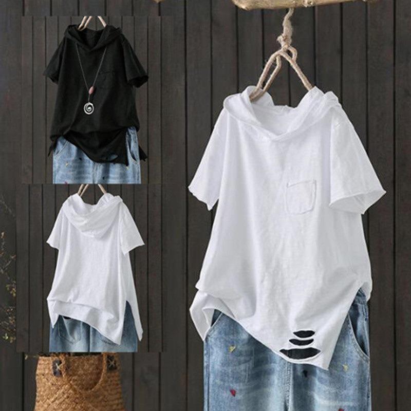 Cotton Hooded T-shirt Women's Spring and Autumn New Loose Long-sleeved Artistic Hole Casual Top To Show Thin Slit Bottom Shirt