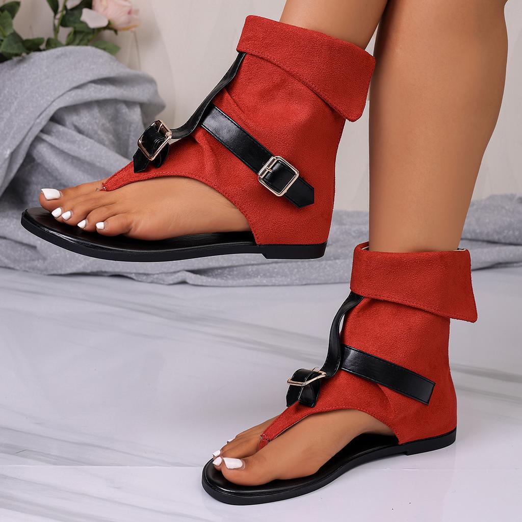 Sandalias Romanas Planas Europeas y Americanas con Punta Abierta para Mujer Verano Nuevo Hebilla de Cinturón de Tela Vaquera Talla Grande Sandalias de Caña Alta para Mujer