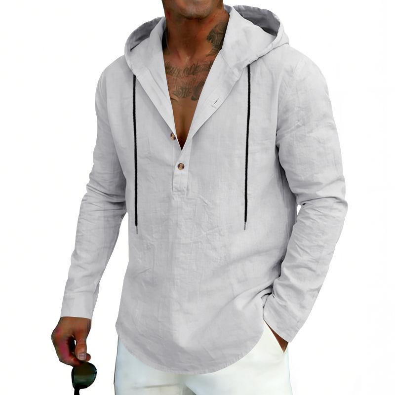New Men’s Linen Plus-size Hooded Long-sleeved Top – Casual Plain-colour Hoodie