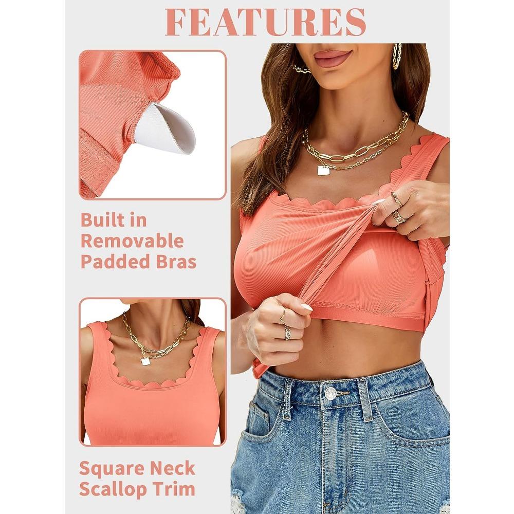 Attraco Built In Bras Tank Top for Women Square Neck Scallop Trim Camisole Summer Sleeveless Ribbed Cami Top
