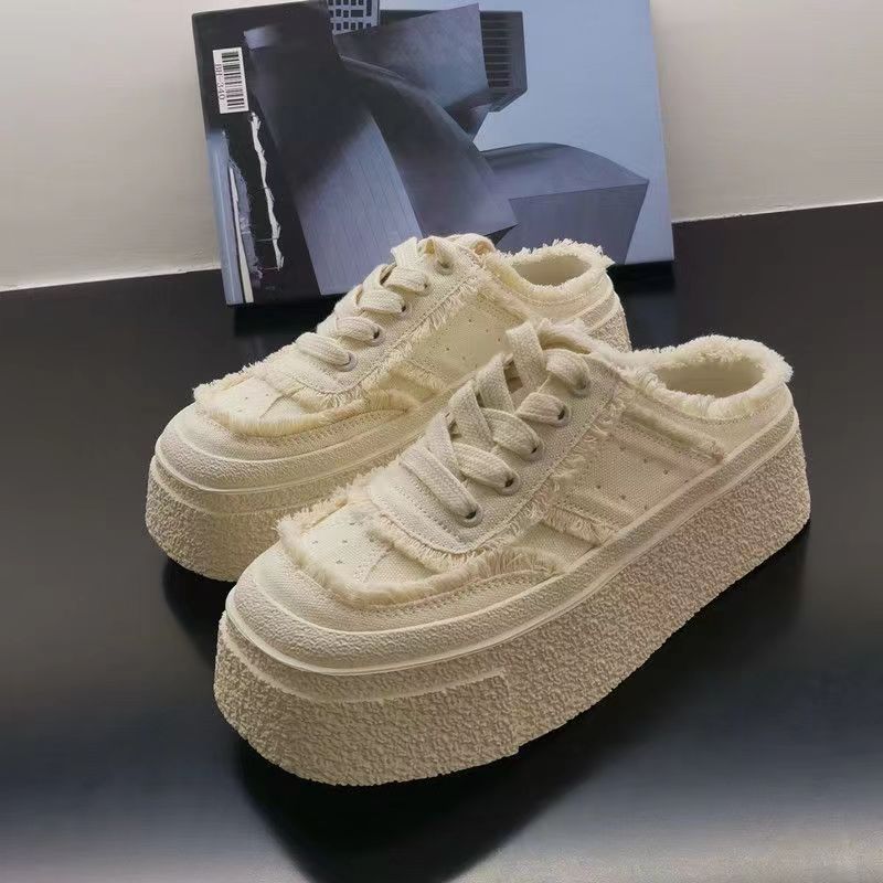 Retro Square Toe Slip-on Half Slippers Women's Summer Outdoor Wear New Platform Height Increasing Beggar Canvas Shoes