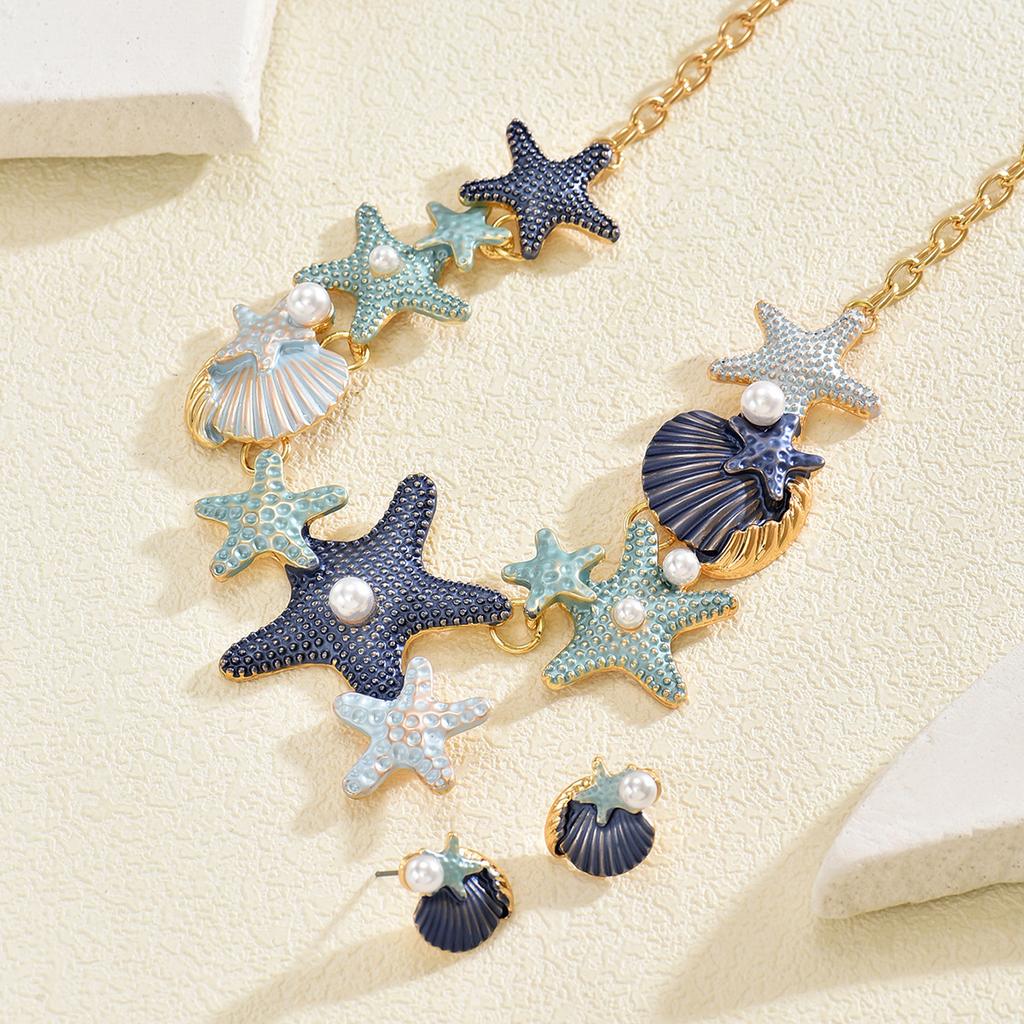 European and American ocean style necklace, geometric starfish shell inlaid with pearl design earrings versatile jewelry set