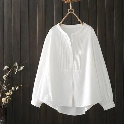 Blusa Blanca de Lino para Mujer Cuello Redondo Manga Larga Plisada Casual Holgada Camisa