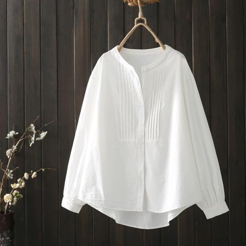 

Women s White Linen Blouse Round Neck Long Sleeve Pleated Casual Loose-Fit Shirt L білий
