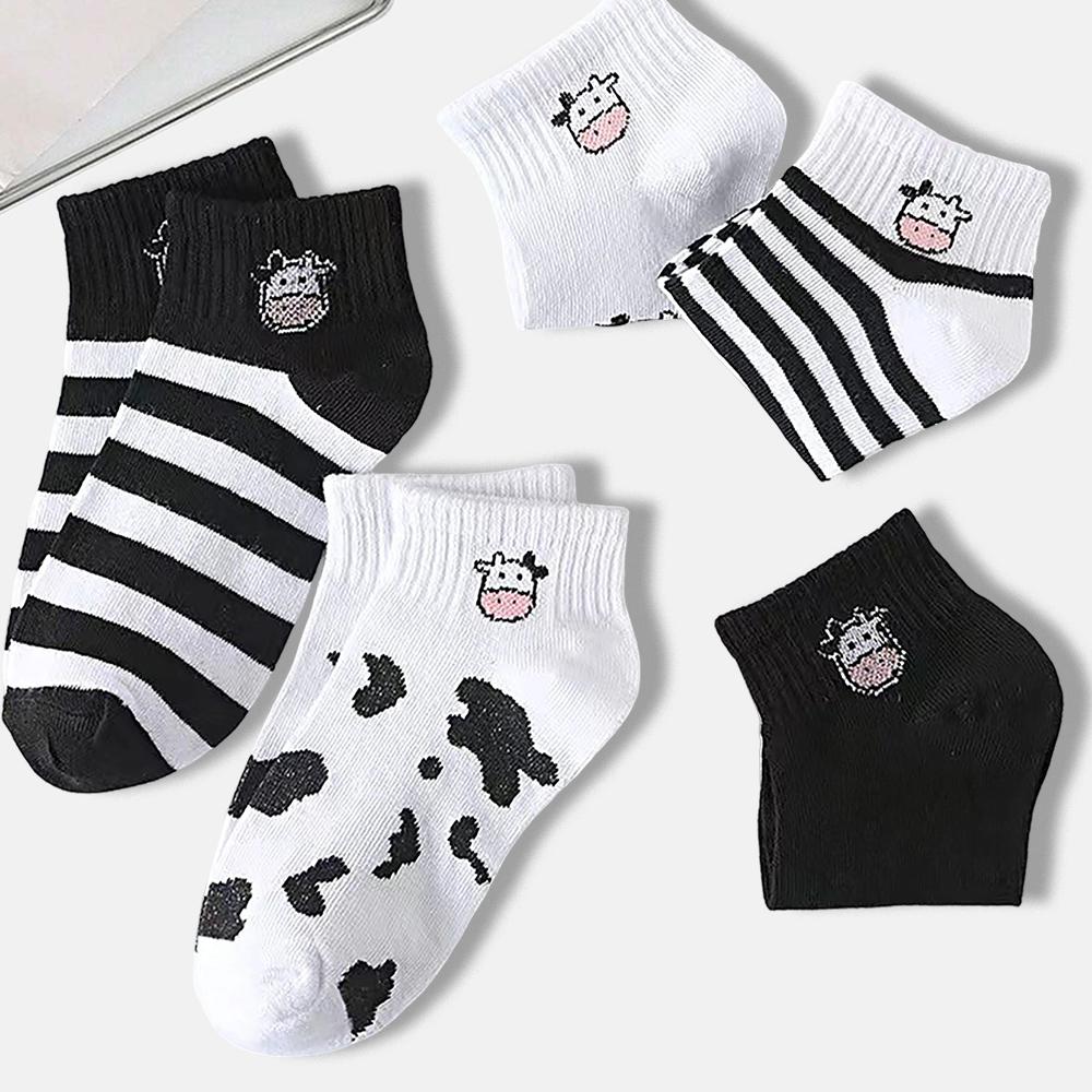 5 Paar Damen Freizeit Socken mit Cartoon-Muster Japanisches Kuhmuster Modisch Vielseitig Bequem Atmungsaktiv Freizeit Socken