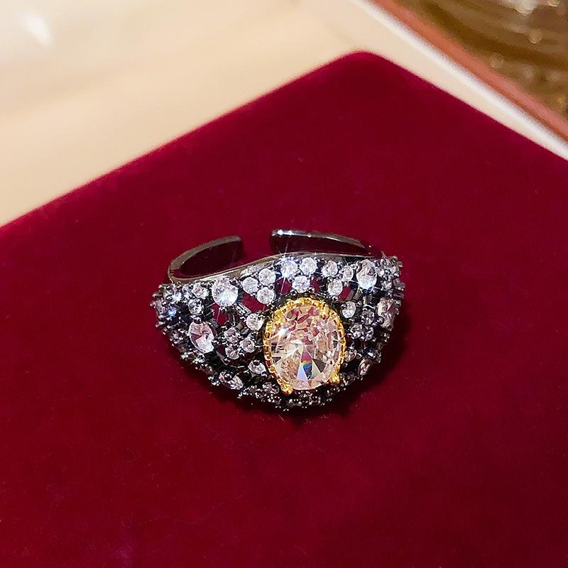 Exquisite Retro Zircon Flower Oval Open Ring: Sparkly, Fashionable & Versatile Index Finger Jewelry