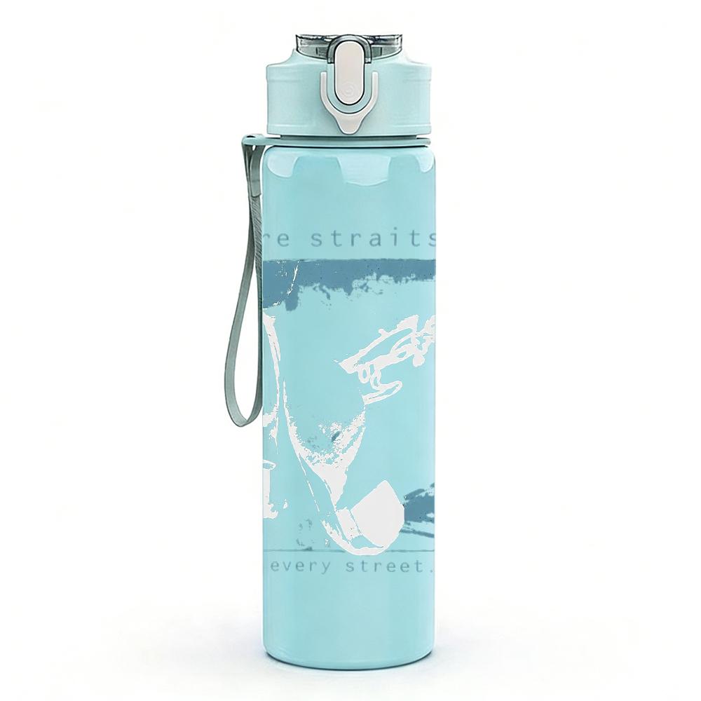 1PC Light blue rectangular band album print 750ml colorful plastic sports water bottle leakproof pop up lid with straw for outdoor work home use