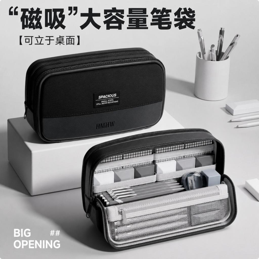 Magnetic Pencil Case Minimalist Large Capacity Stationery Bag Silent Closure High School College Students Supplies