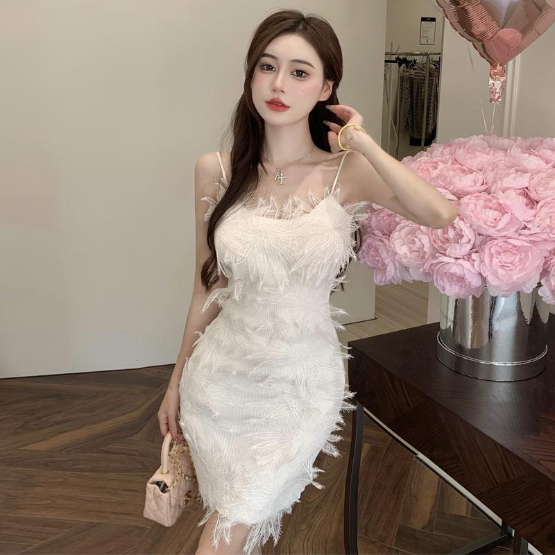 2025 moda yeni kadın giyim süper peri ünlü üç boyutlu çiçek askılı slim elbise