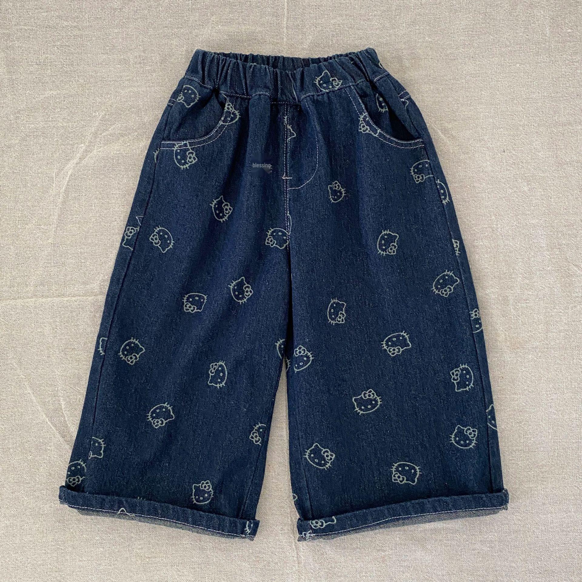 

Children s Korean Style KT Cat Wide-Leg Denim Pants for Girls - Retro Versatile Spring/Autumn Wear 110 cm