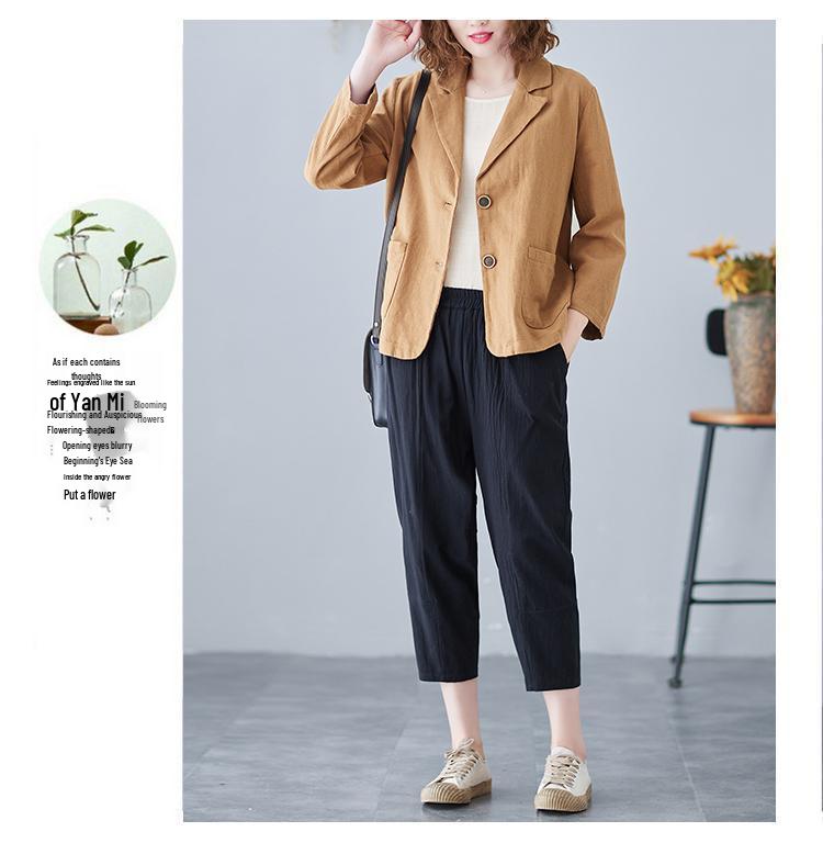 Women's 2024 Spring/Autumn Cotton-Linen Loose Casual Blazer - Plus Size, Long Sleeve, Short Jacket