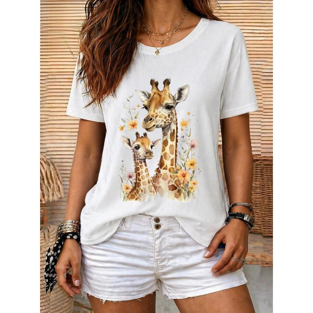 Fashion Women Retro Creative Giraffe Pattern Print T Shirt Funny Casual O-neck Short Sleeves T-shirt Summer Female Tee Shirt