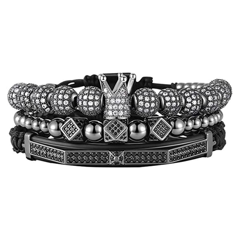 Men's Copper Zirconia Crown Ball Rhombus Double Row Crescent Bracelet Set