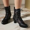Fashion Women Victorian Ankle Boots Leather Lace Hollow Mesh Heel Shoes for women Fashion Lace-up Spliced Ladies High Heels Woman Boots