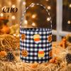 Checkered Fabric Bags Halloween Bucket, Trick or Treat Basket for Kids Boys Girls, Plaid Pumpkin Fall Festival Decorations Bat Ghost Candy Tote