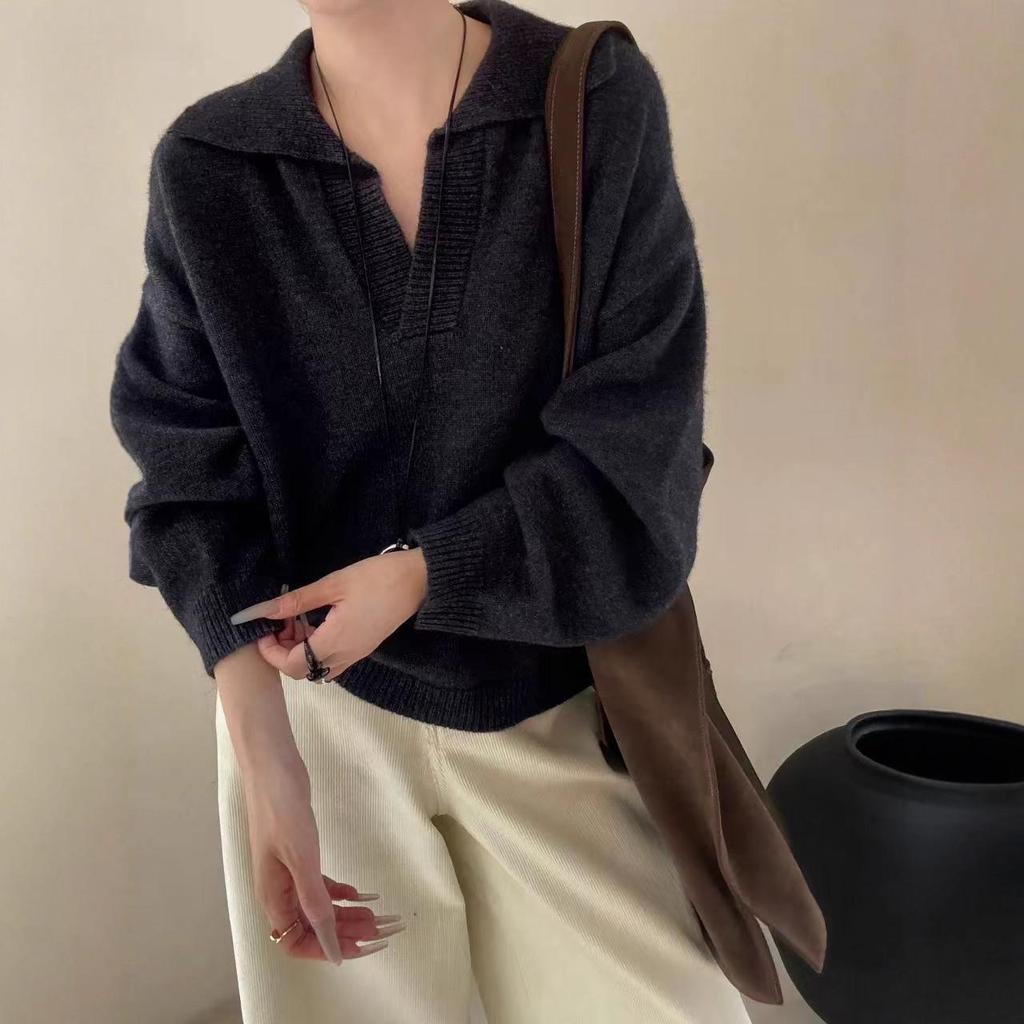 Old Money Style Women's Loose Wool Polo Neck Sweater - Autumn/Winter Knit Top