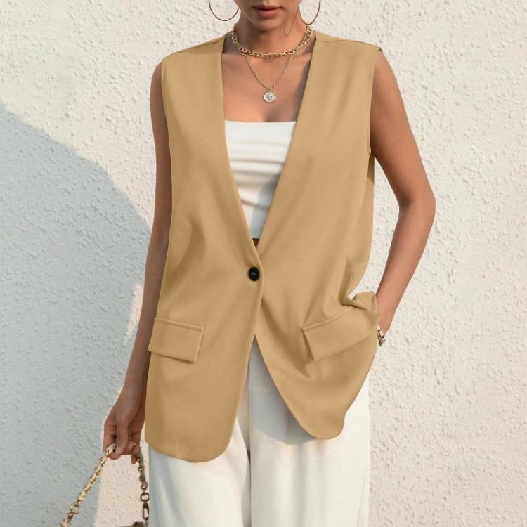 Women's Casual Summer Work Suit Vest Sleeveless V Neck Single Button Solid Color Jacket
