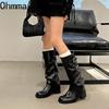 Winter Vintage Pleated Woman Knight Boots Fashion Belt Buckle Thick Heel Shoes Ladies Slip On Modern Mid Calf Botas
