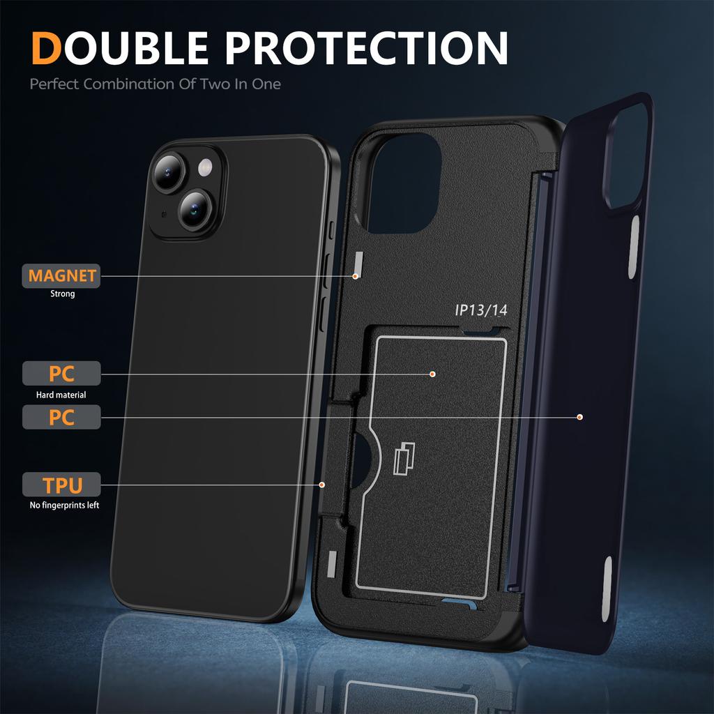 For iPhone 13/14 Kickstand Phone Case Slim-Fit TPU+PC Phone Cover with Card Holder