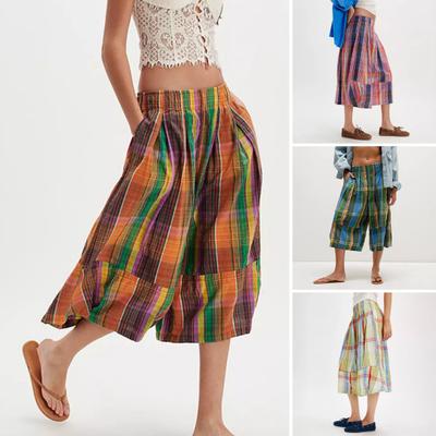 Damen Sommer Boho Karomuster Culottes Lässige Weitbein Palazzo Hosen Baggy Cropped Gingham Caprihosen mit Taschen